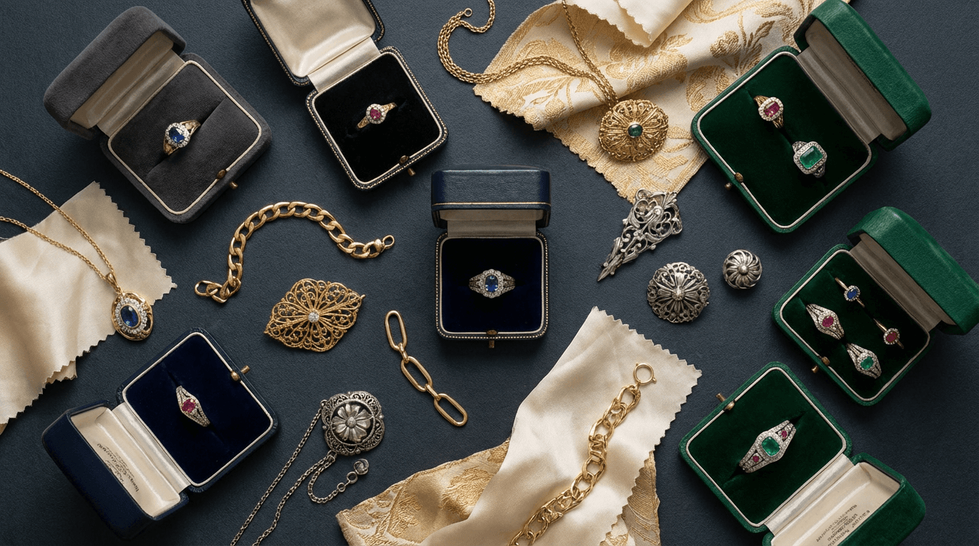 Gold and silver jewelry arranged on a dark stone surface